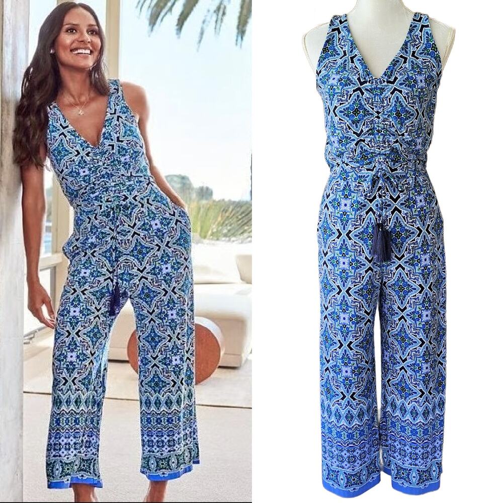 TOMMY BAHAMA Nassau Jersey Jumpsuit Small Island Navy V-neck Wide Leg Casual
